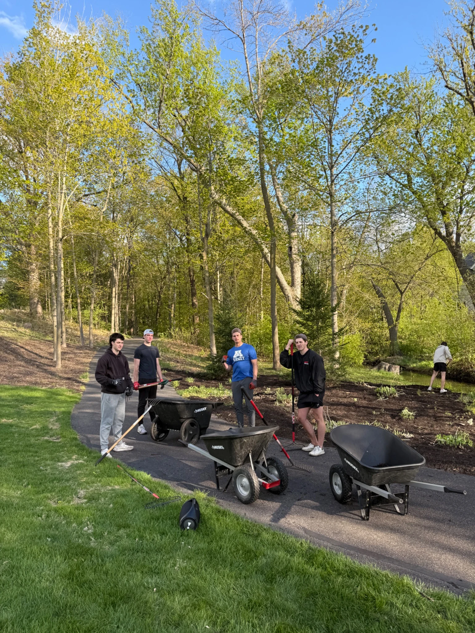 The landscaping crew on a project with wheelbarrows and hand tools